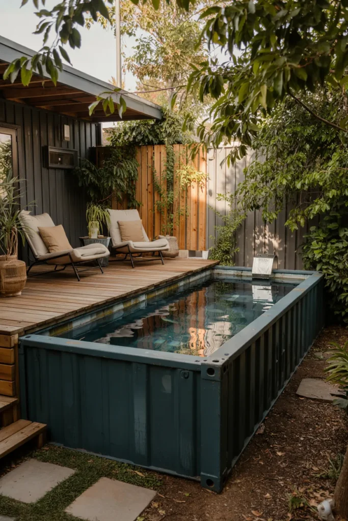 Modern shipping container plunge pool in a small backyard with charcoal finish, wooden deck, lounge chairs, and fresh summer greenery.