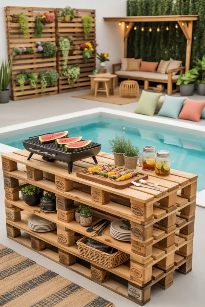 A trendy eco-friendly outdoor BBQ island made from repurposed wooden pallets with open shelving, fresh summer foods, and a modern aqua plunge pool surrounded by lush greenery and rustic decor.
