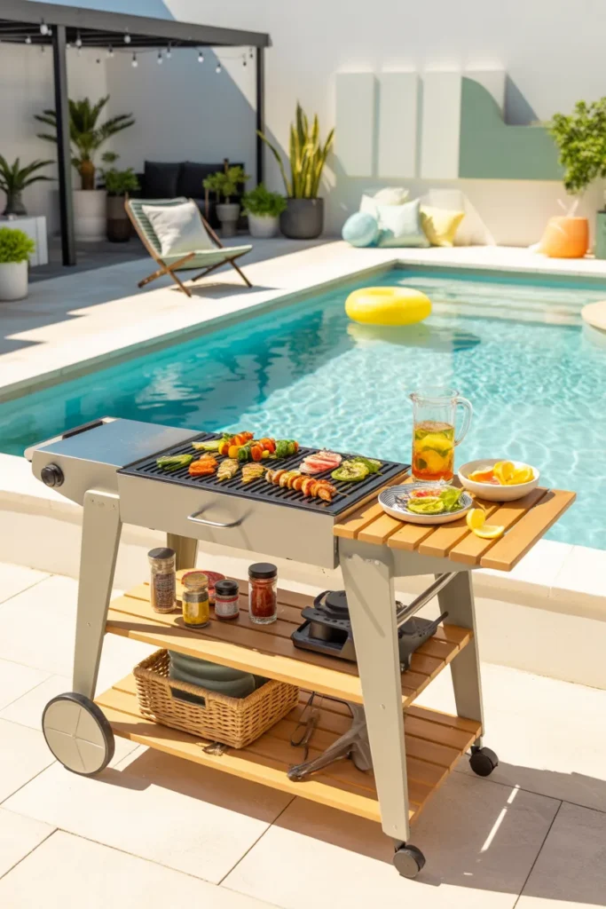 A modern rolling BBQ cart station with a compact grill, fresh summer foods, and a bright turquoise plunge pool in a stylish, flexible outdoor patio setting.