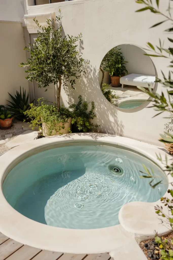 Small round plunge pool with clear aqua water, light wood decking, soft curves, and modern summer styling in a compact backyard.
