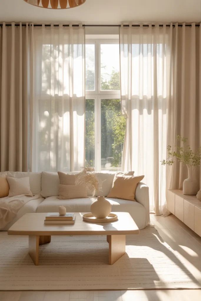 Modern summer living room with sheer linen curtains, glowing natural sunlight, neutral tones, and full bright airy interior view.