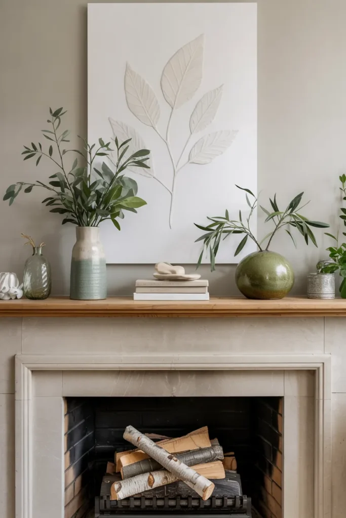 Summer fireplace mantel styled with sage green vase, eucalyptus stems, olive accents, and natural wood decor for a fresh botanical-inspired living room look.