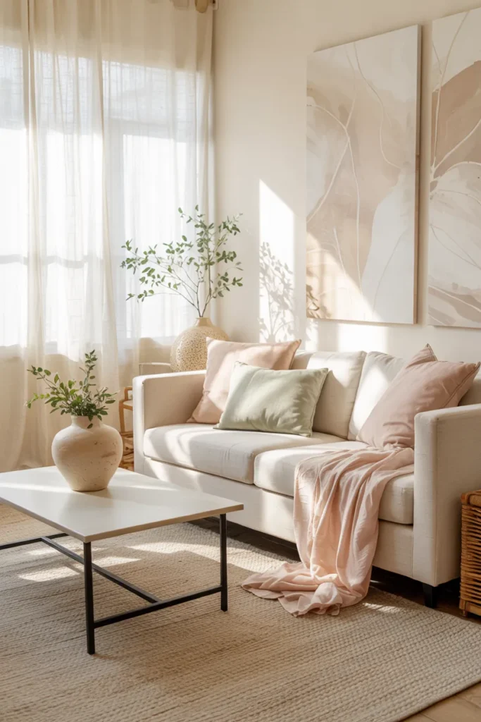 Modern summer living room with soft pastel accents in blush, sage, and butter yellow, neutral base tones, sunlight, and full airy interior view.