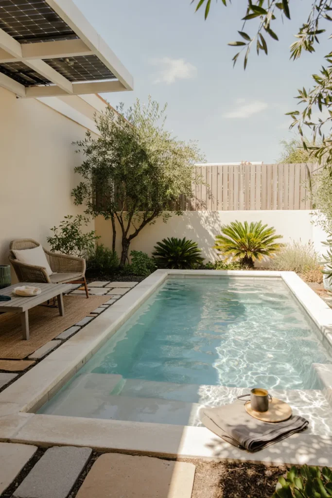 Small solar-heated plunge pool with clear aqua water, modern patio, wooden accents, and eco-friendly summer backyard styling.