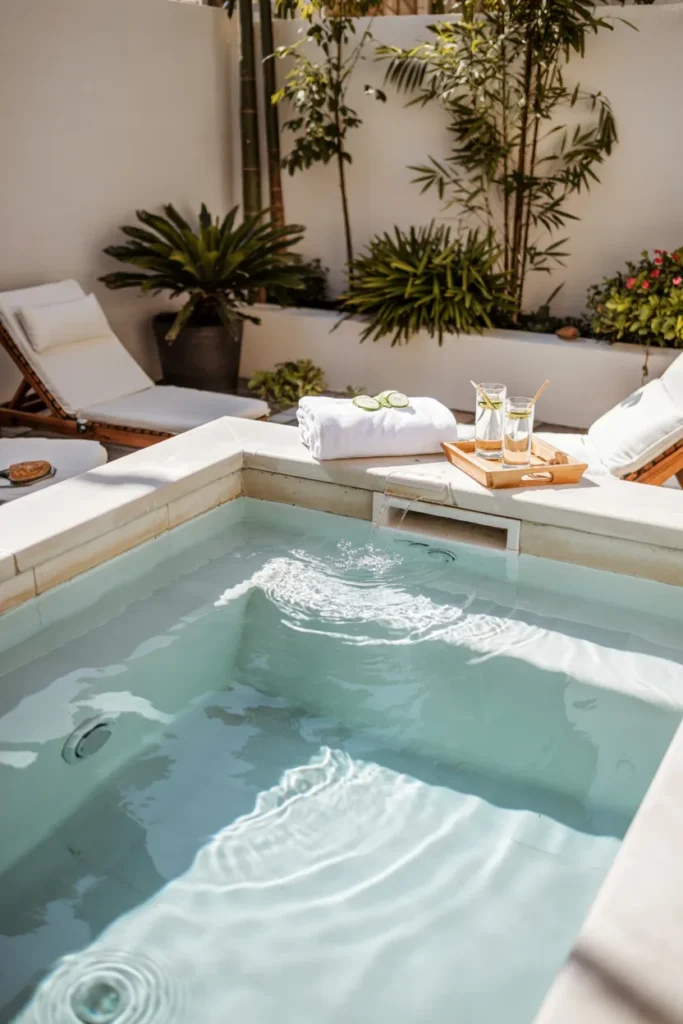 Small spa-style plunge pool with built-in jets, clear aqua water, lounge seating, greenery, and a serene modern backyard relaxation vibe.