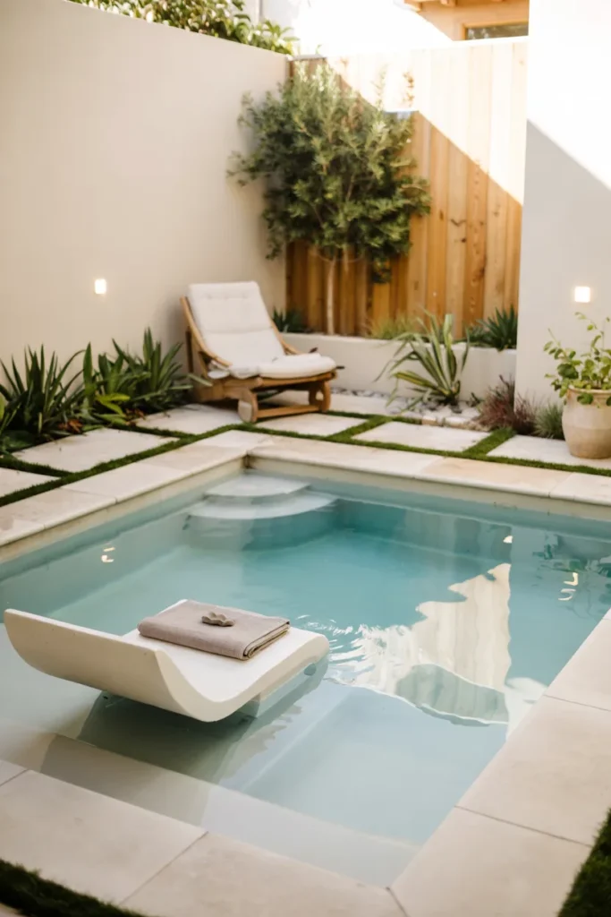 Square compact plunge pool with built-in bench, clear aqua water, minimalist patio, and modern small backyard summer design in neutral tones.