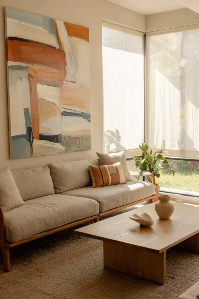 Modern summer living room with large statement artwork, neutral tones, soft sunlight, and full stylish interior view with bold focal wall.