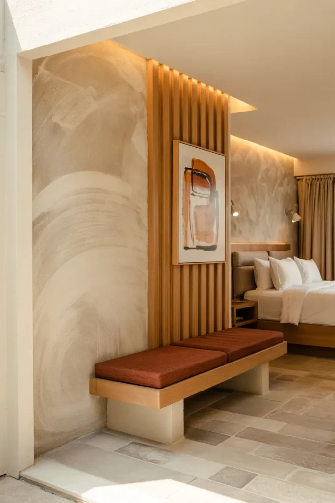 Modern guest suite entry with textured limewash statement wall, wood slats, floating bench, and warm lighting for a bold Pinterest-worthy design.