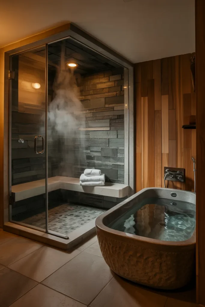 Luxury spa bathroom with steam shower and cold plunge tub, featuring stone finishes, soft lighting, and a serene boutique hotel wellness design.