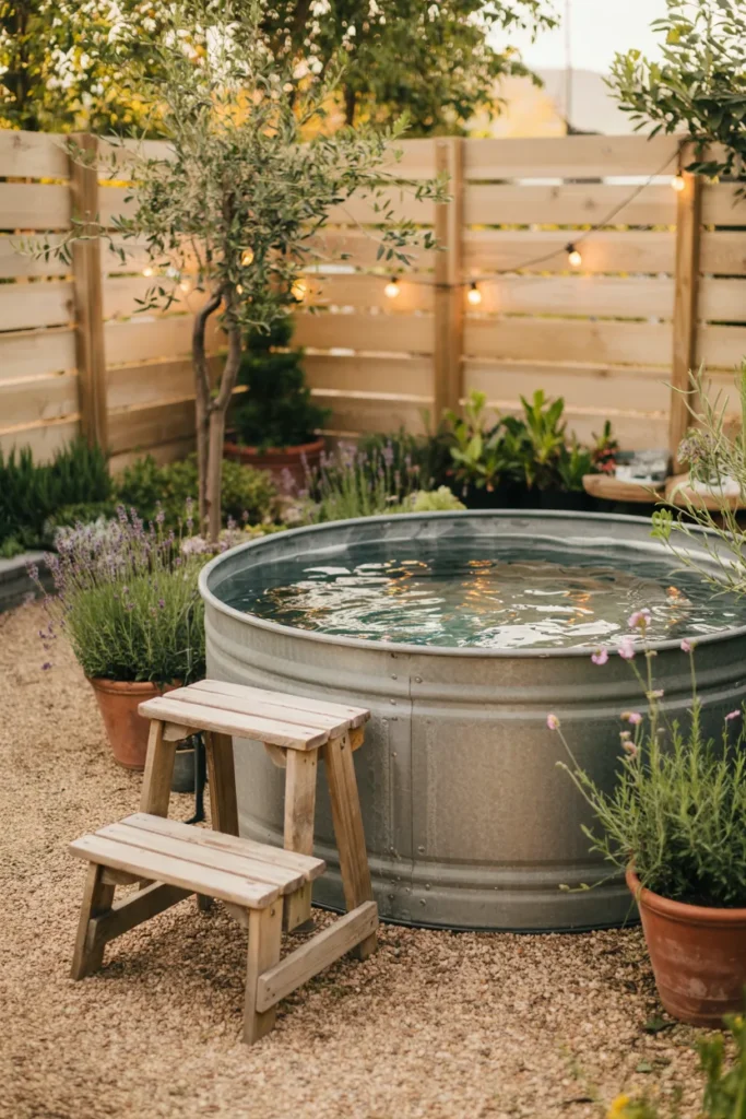 Rustic backyard stock tank cowboy pool with clear water, gravel patio, wooden fence, potted plants, and cozy summer decor in warm neutral tones.