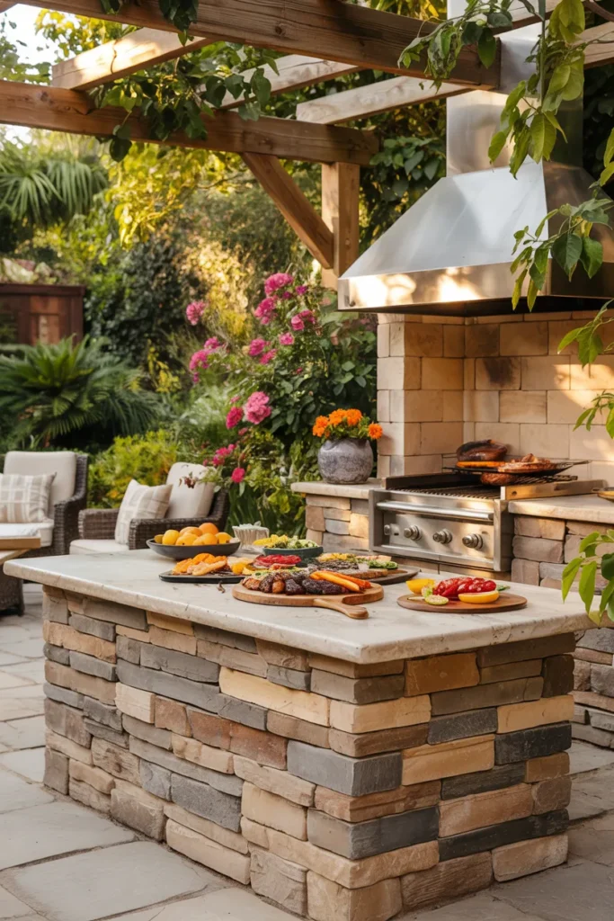 A rustic stone-clad BBQ kitchen with a built-in grill, natural textures, and fresh summer styling in a warm backyard setting with optional plunge pool.