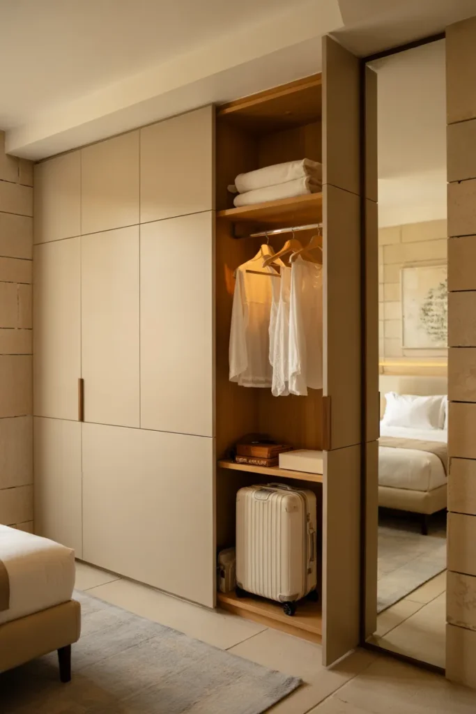 Minimalist guest suite storage wall with hidden panels, integrated lighting, and seamless design for a clean, modern luxury look.