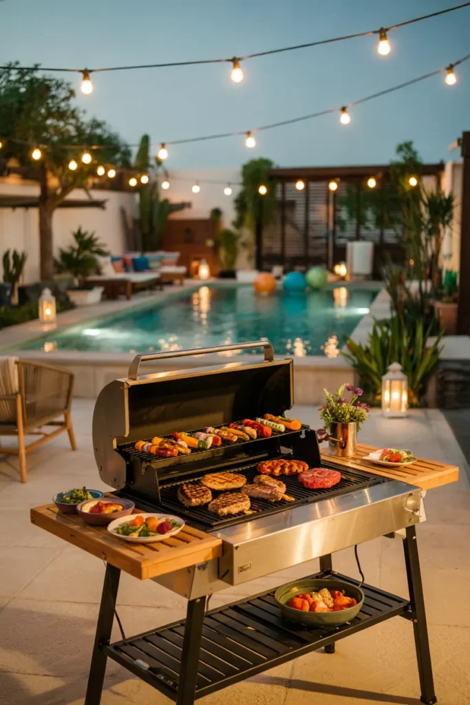 A cozy outdoor BBQ setup illuminated with warm string lights, featuring fresh summer foods and a glowing turquoise plunge pool in a modern evening backyard setting.