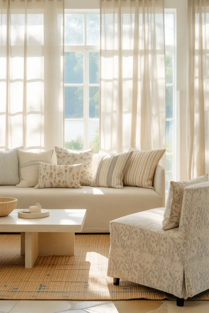 Modern summer living room with subtle pattern mixing, including stripes, florals, and geometrics, in soft neutral and pastel tones with full bright interior view.