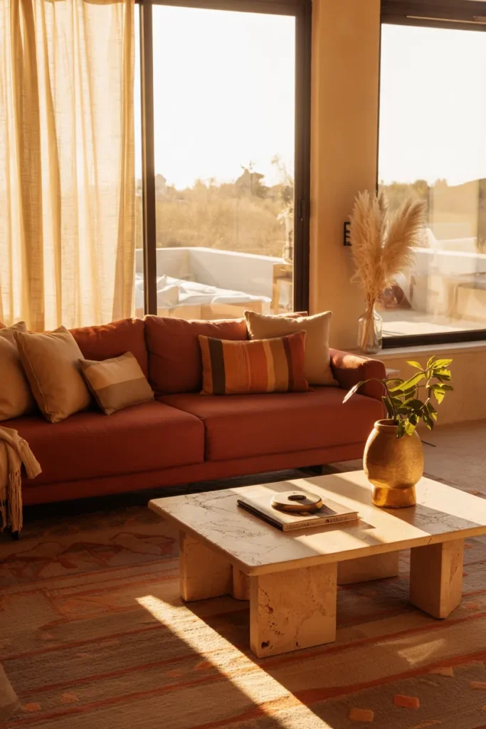 Colorful modern summer living room with sunset-inspired palette in peach, amber, and gold tones, warm glowing sunlight, and full vibrant interior view.