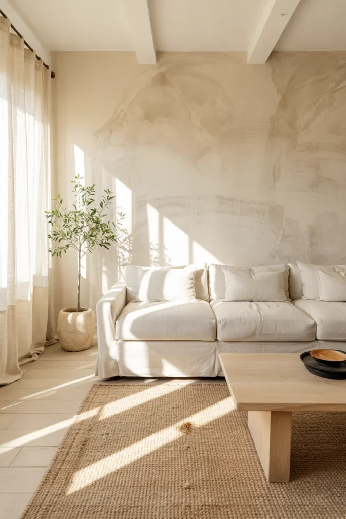 Modern summer living room with textured limewash or plaster walls, neutral tones, soft sunlight, and full airy interior view with warm architectural depth.