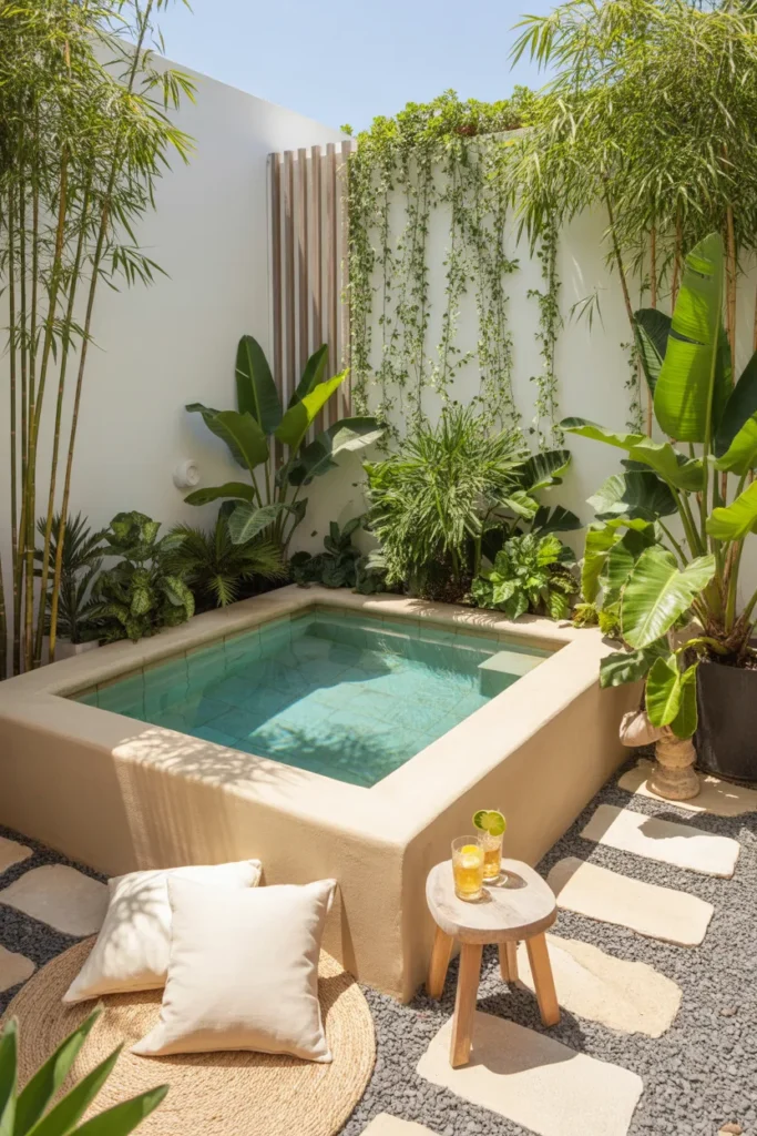 Small tropical plunge pool surrounded by palms, bamboo, and lush greenery with clear aqua water and compact backyard oasis styling.