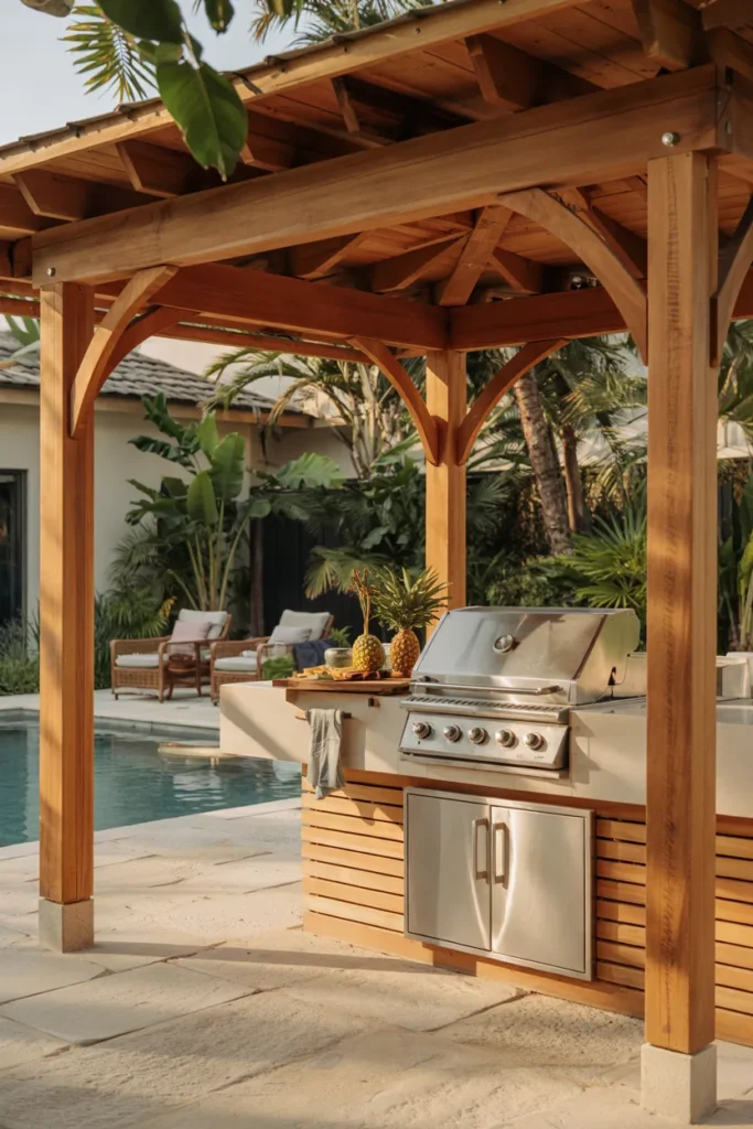 A tropical wood BBQ pavilion with teak finishes, a built-in grill, lush greenery, and a warm summer backyard design with optional plunge pool in the background.