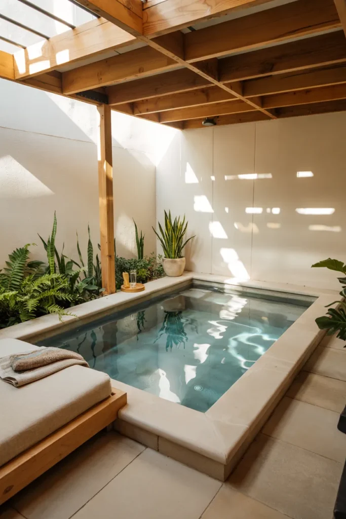 Small under-deck plunge pool with clear aqua water, wooden beams, soft lighting, and modern compact backyard design.