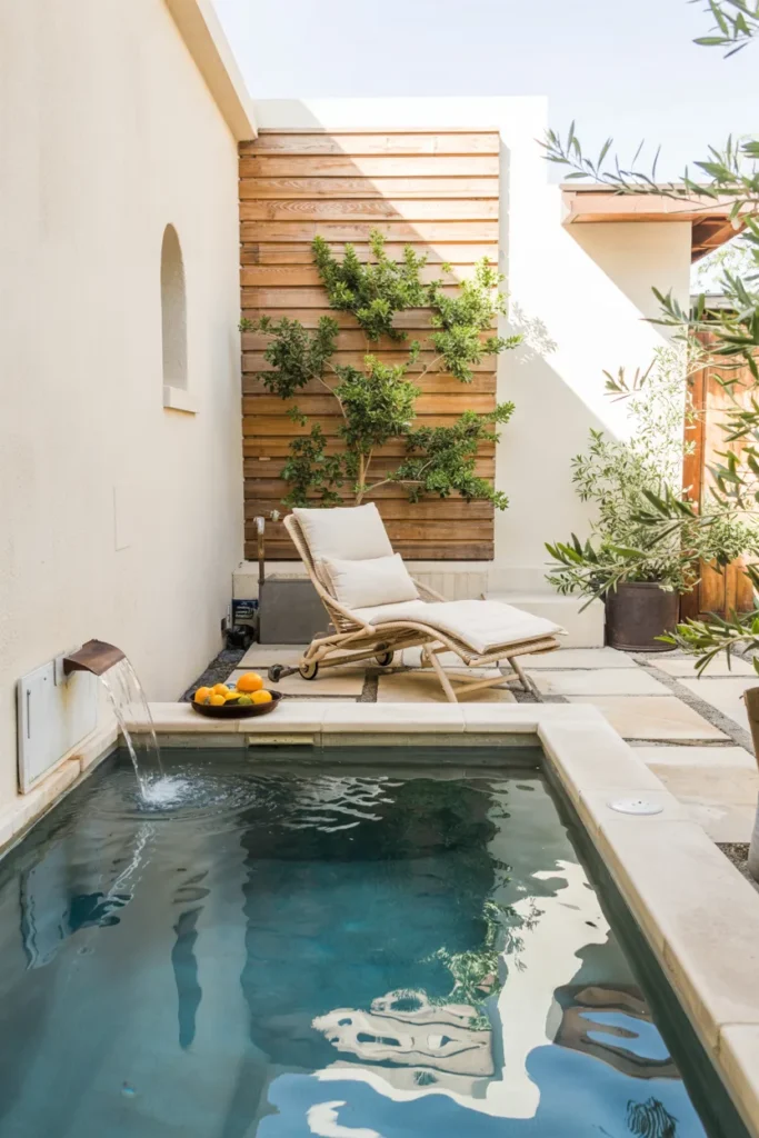 Small plunge pool built against existing walls with clear aqua water, light stone flooring, modern greenery, and budget-friendly summer styling.