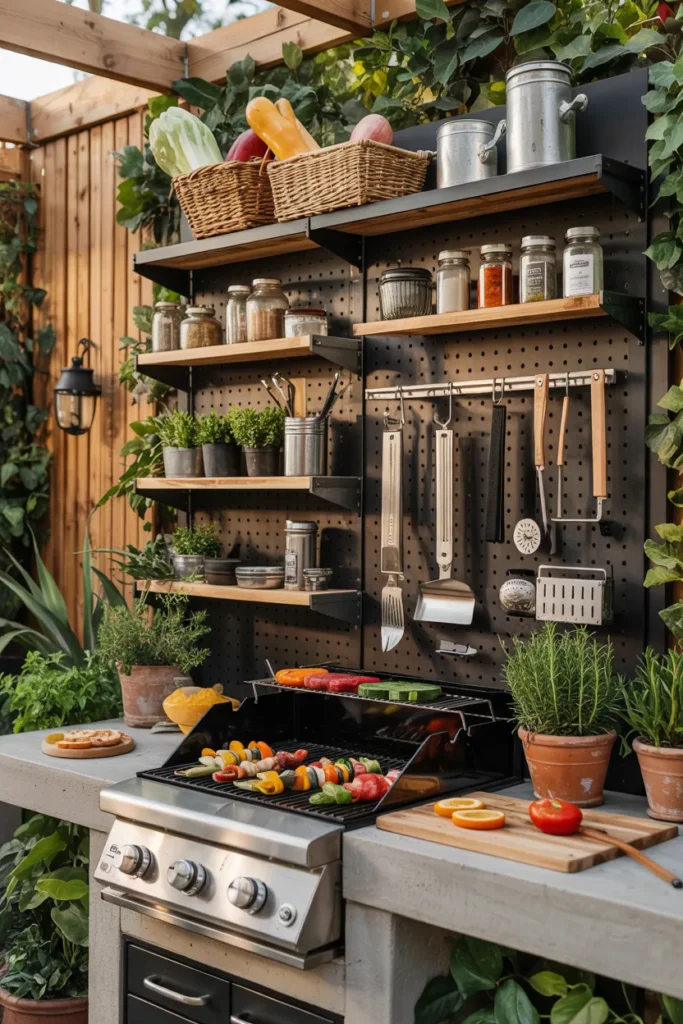 A compact BBQ station with a vertical storage wall featuring pegboards, shelves, and hanging tools, styled with fresh summer ingredients in a modern backyard setting.