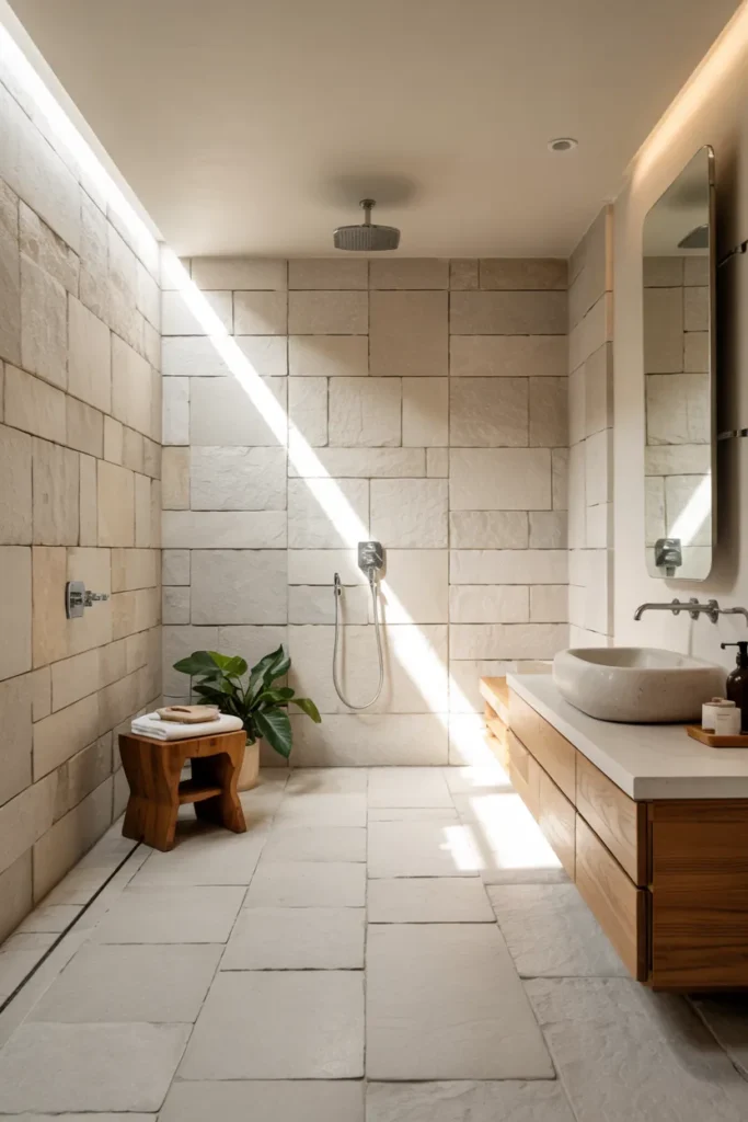 Spa-style bathroom with walk-in wet room, stone finishes, rainfall shower, and warm ambient lighting in a modern boutique hotel design.
