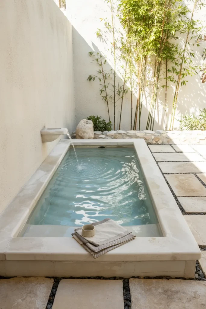 Slim wall-adjacent plunge pool with clear aqua water, modern boundary wall, minimal patio, and compact summer backyard design.