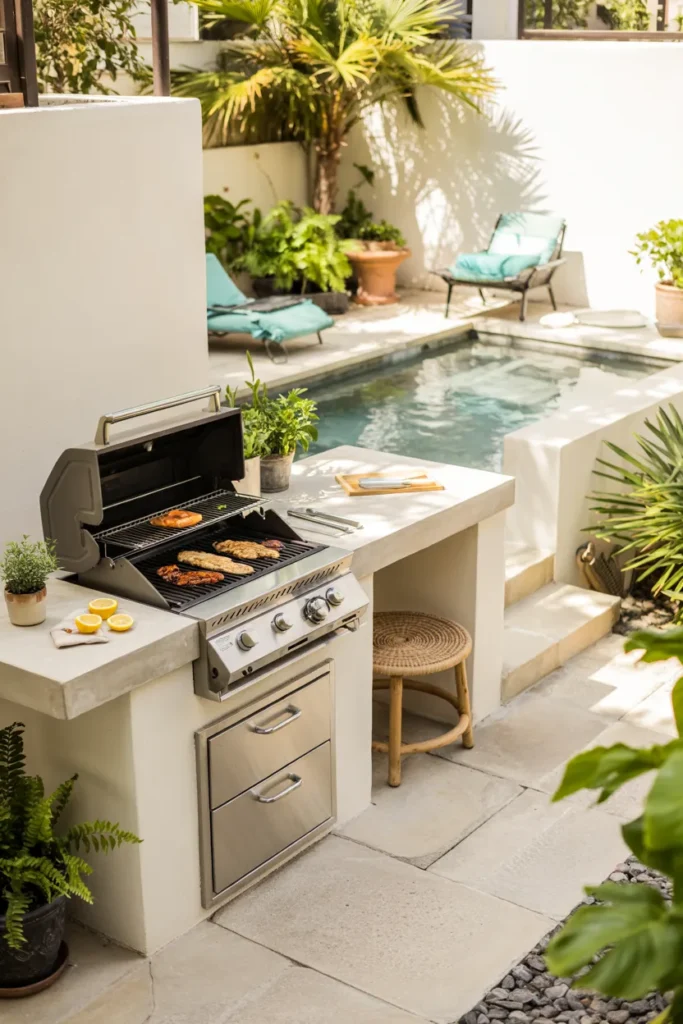 A modern wall-mounted slim BBQ station in a small outdoor space, with a compact grill, vertical storage, fresh summer styling, and a bright turquoise plunge pool in the background.