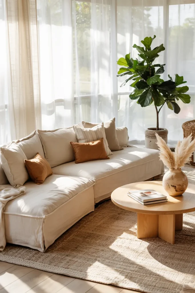 Warm minimalist summer living room with beige, cream, and taupe tones, linen sofa, wood accents, soft sunlight, and full modern neutral interior view.