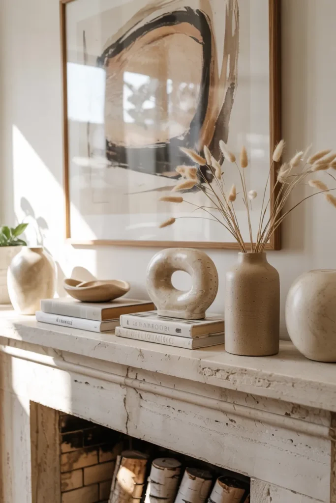 Neutral sandstone layered fireplace mantel with beige ceramic decor, stacked neutral books, stone bowl with river stones, and warm minimalist summer styling.