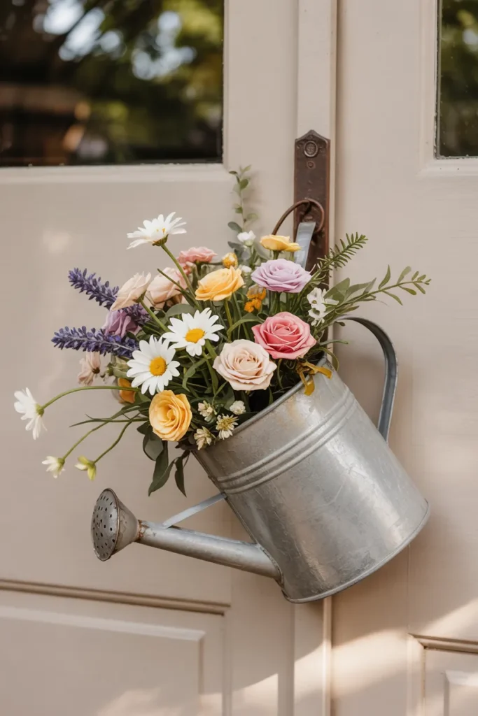 Rustic metal watering can door hanger “pouring” soft summer flowers and greenery on a closed light neutral front door, whimsical garden-inspired seasonal decor