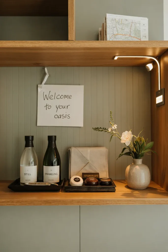 Boutique guest suite welcome shelf with snacks, water bottles, local guidebooks, and a handwritten note in a warm, modern luxury setting.