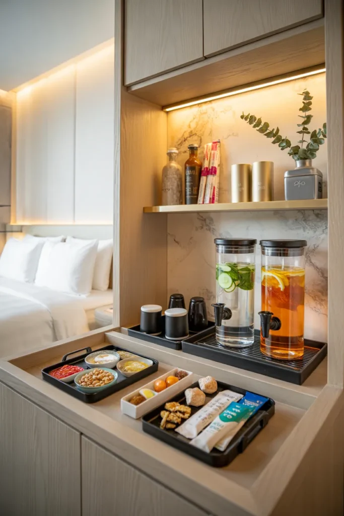 Boutique hotel-style wellness mini bar with infused water, healthy snacks, supplements, warm wood shelving, and soft luxury lighting.