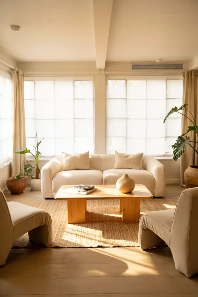 Modern summer living room with window-centered layout, seating facing natural light, neutral tones, and full bright airy interior view.