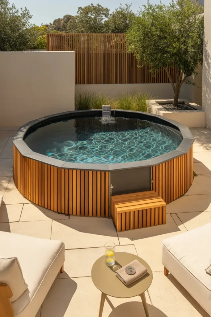 Wood-clad above-ground plunge pool with clear aqua water, modern backyard styling, warm wood tones, and elevated summer luxury design.
