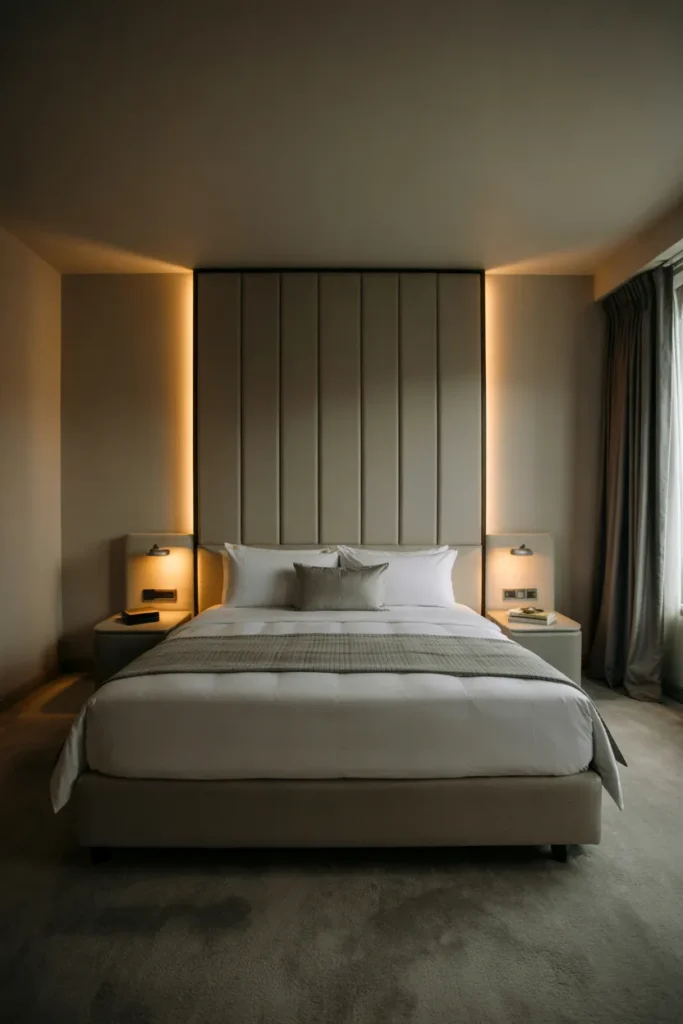 Soundproof boutique hotel bedroom with acoustic panel walls, plush textures, blackout curtains, and a perfectly made bed for a शांत, peaceful sleep environment.