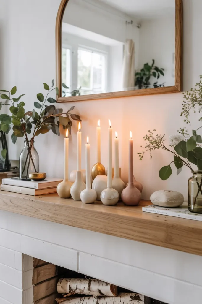Summer fireplace mantel with an asymmetric cluster of taper candles in varied heights, styled in soft neutral tones with a fresh modern and airy look.