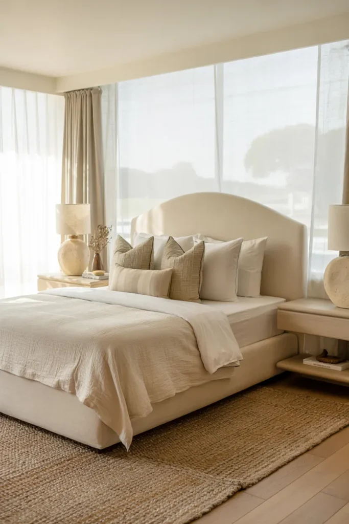 Luxury boutique bedroom with layered linen and boucle bedding, chunky knit throw, and a perfectly styled hotel-style bed in warm neutral tones.
