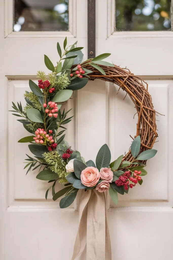 Berry and greenery summer wreath with soft colorful berry accents and lush leaves on a closed light front door, fresh and balanced seasonal decor