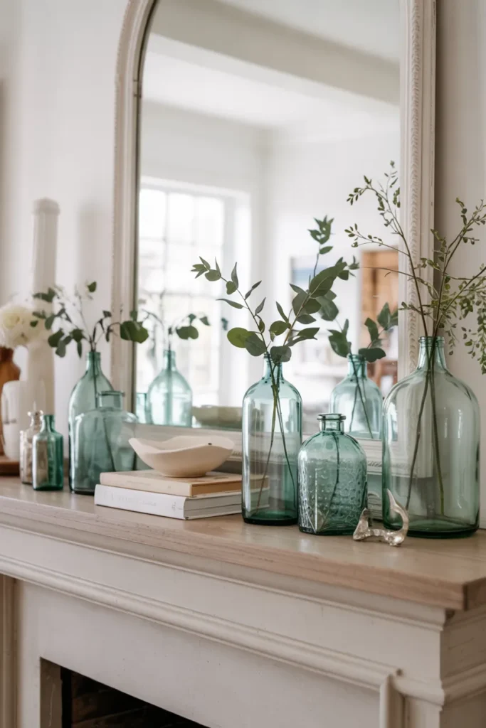 Summer fireplace mantel with aqua, sea glass, and misty teal bottles and vases, styled on a natural wood mantel in a bright coastal-inspired living room.