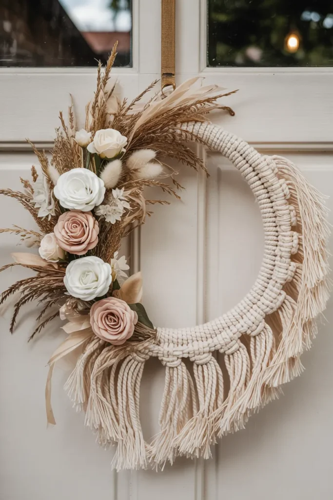 Boho macramé floral wreath with cream cotton knots, blush and neutral flowers, and trailing fringe on a closed light neutral front door, trendy handmade summer decor