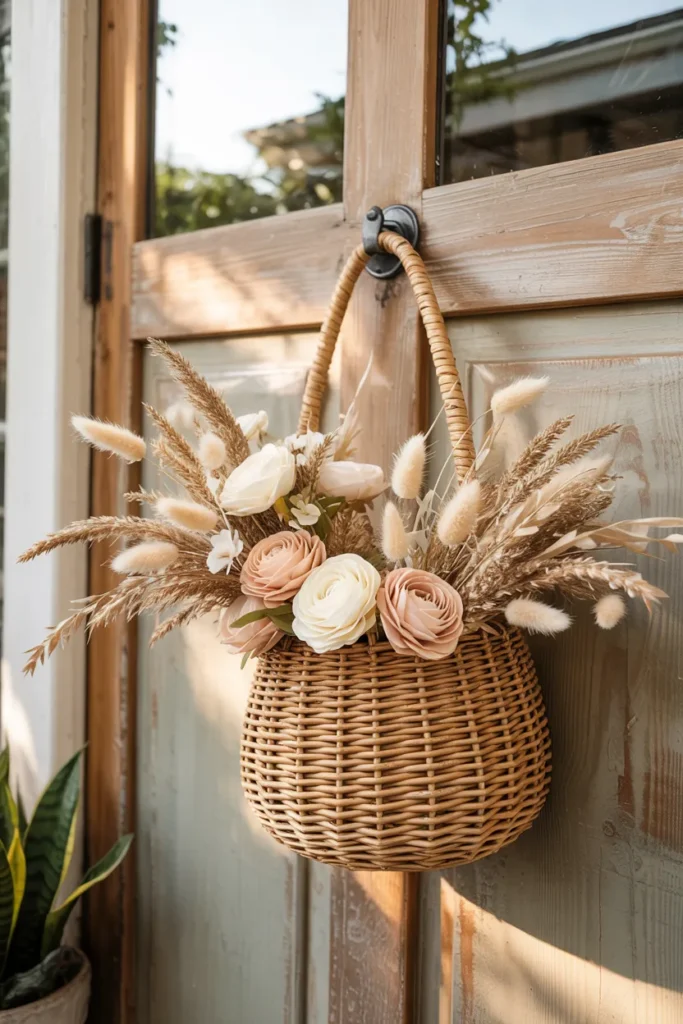 Boho woven rattan basket door hanger overflowing with dried florals and grasses on a closed neutral front door, artisanal and relaxed summer decor