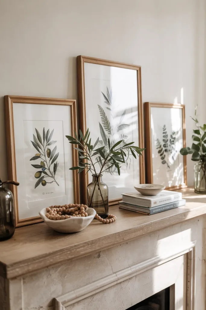 Summer fireplace mantel with framed botanical plant sketches in thin wood frames, glass vase with greenery, and neutral decor styled in a bright airy living room.