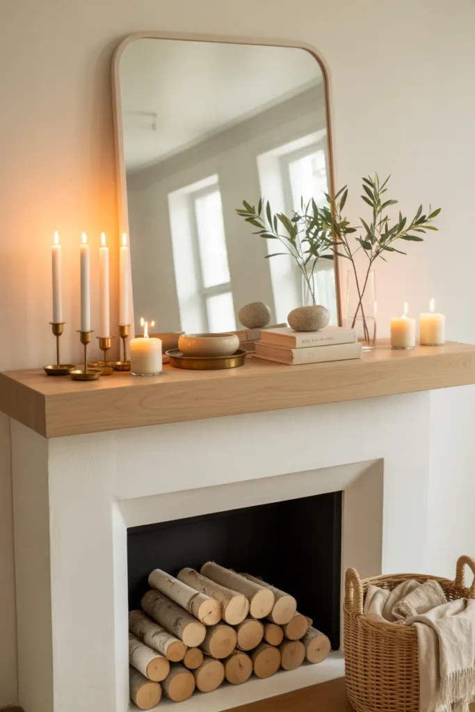 Summer fireplace mantel with ivory candles in brass holders, subtle metallic accents, neutral decor, and soft warm glow in a bright elegant living room.