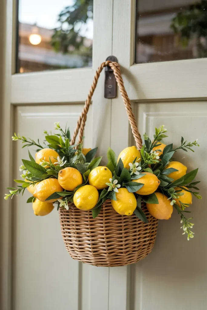 Lemon basket summer door hanger with faux lemons and greenery in a woven basket on a closed white front door, bright and cheerful seasonal decor