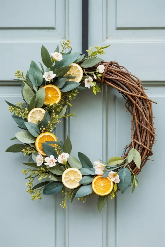 Citrus slice and eucalyptus summer wreath with dried orange and lemon slices on a closed white front door, bright and fresh seasonal decor.