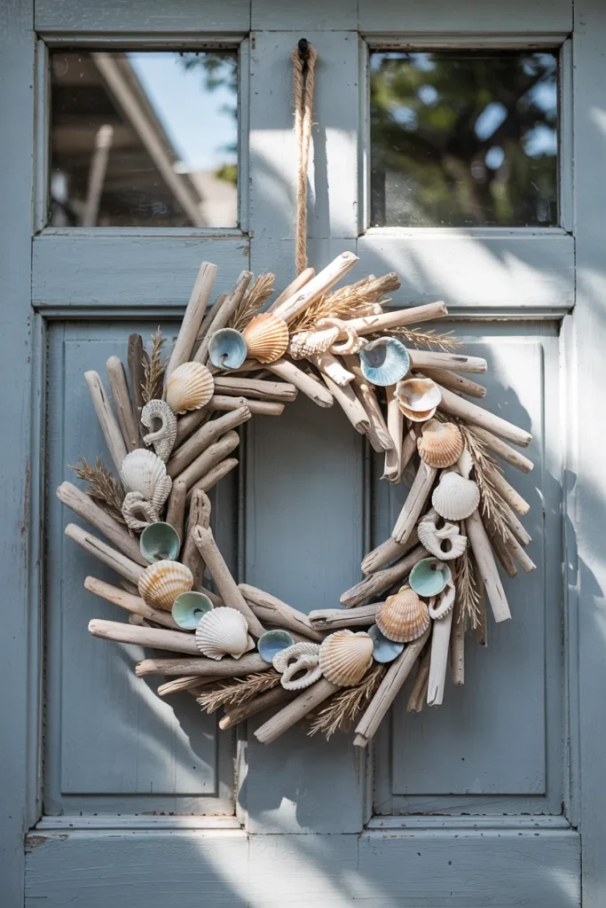 Coastal driftwood and shell summer wreath with sandy textures and soft blue accents on a closed light blue front door, beach-inspired decor
