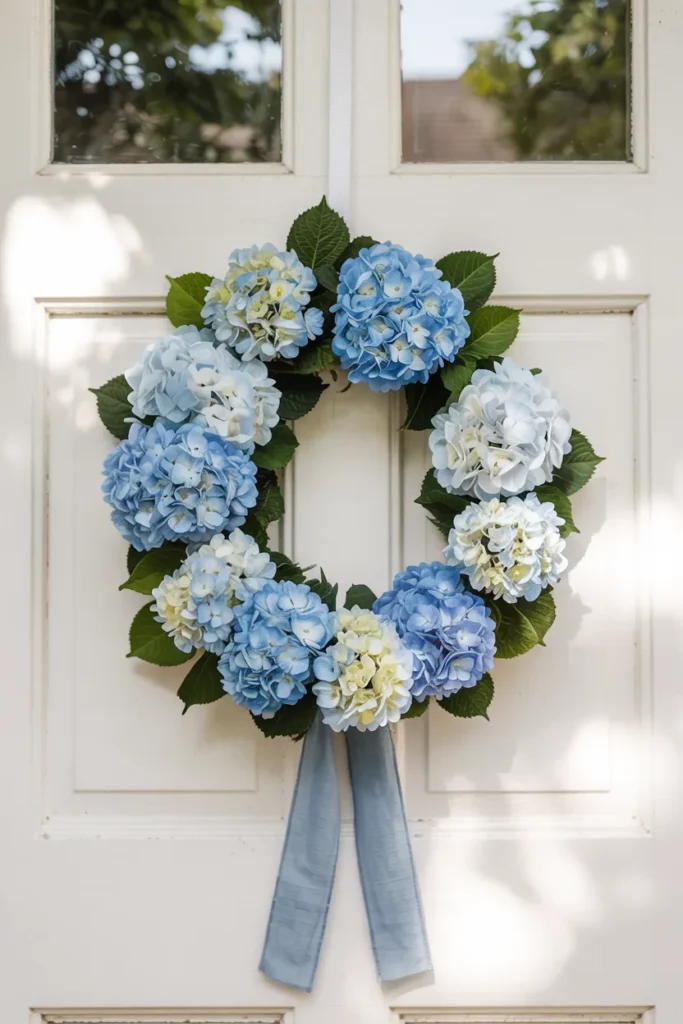 Coastal blue hydrangea summer wreath with soft blue and white blooms on a closed white front door, fresh updated seaside decor