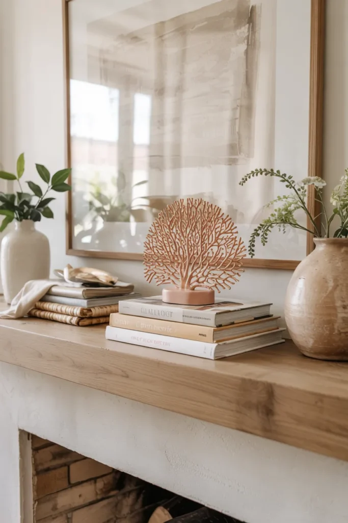Summer fireplace mantel with stacked neutral coffee table books, one vivid coral decorative object, soft white decor, and natural wood styling in a bright living room.