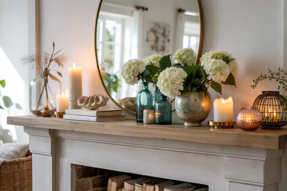 Elegant summer fireplace mantel cover image with mirror, flowers, sea glass bottles, candles, shell decor, and woven accents in a bright luxurious living room.